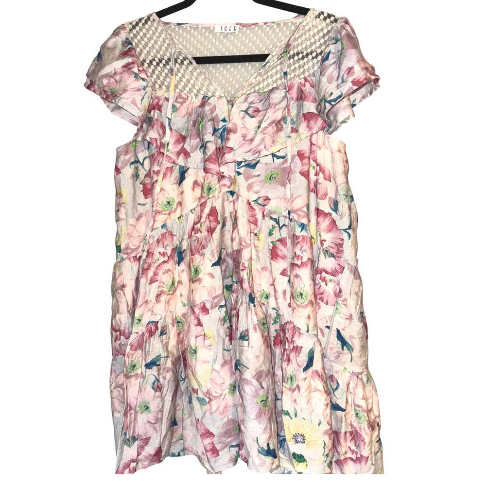 TCEC Floral Print Tiered Mini Dress Crochet Trim Pink Green Women's‎ Medium